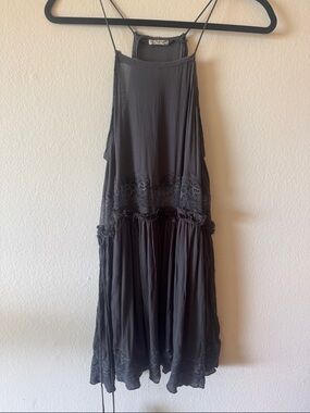 Free People Intimately Grey Lace Trim Boho Tie-Waist Blouse/Tank